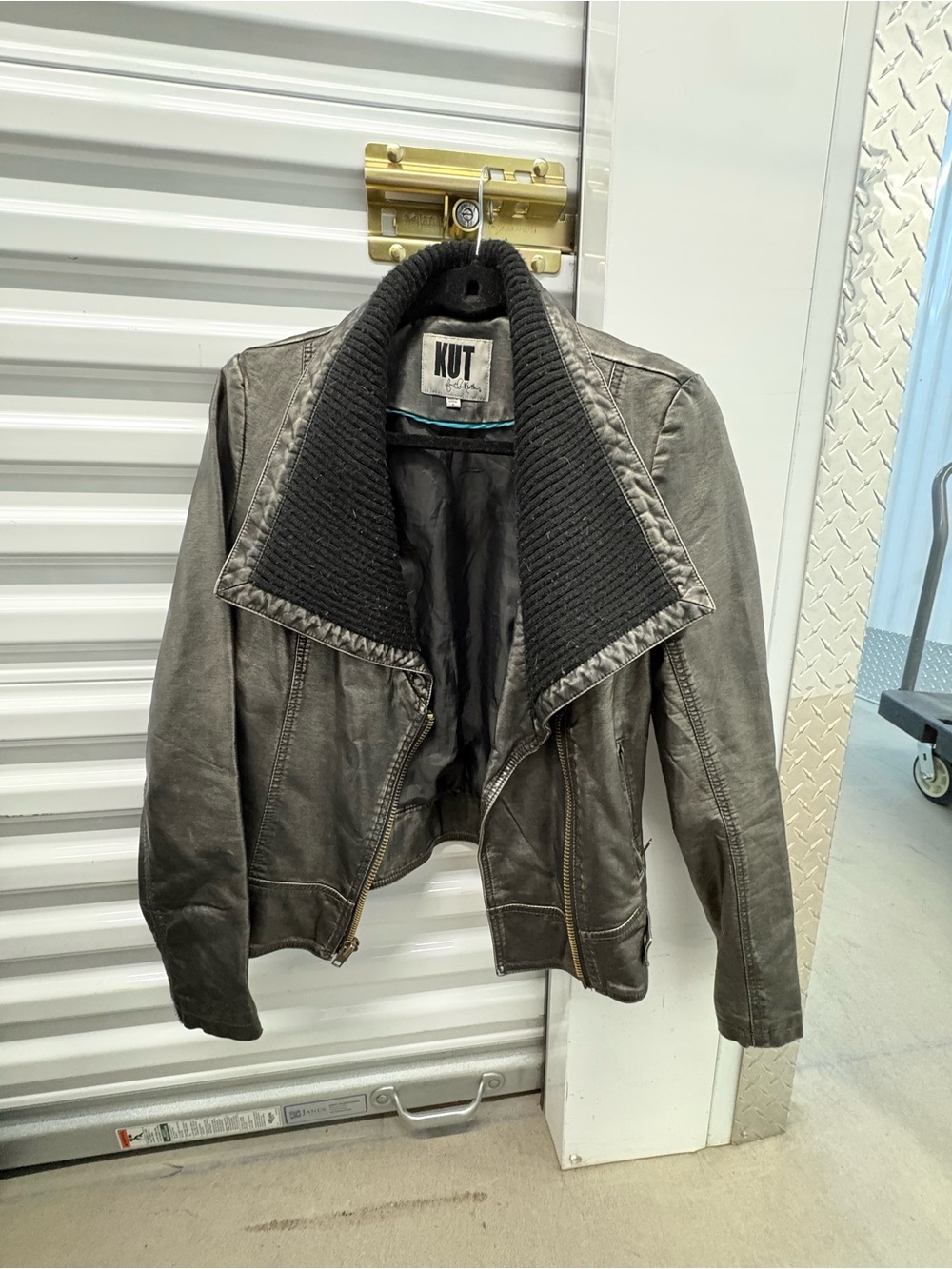 Kut from the Kloth Soft Leather-Look Gray Motorcycle Jacket with Ribbed Collar